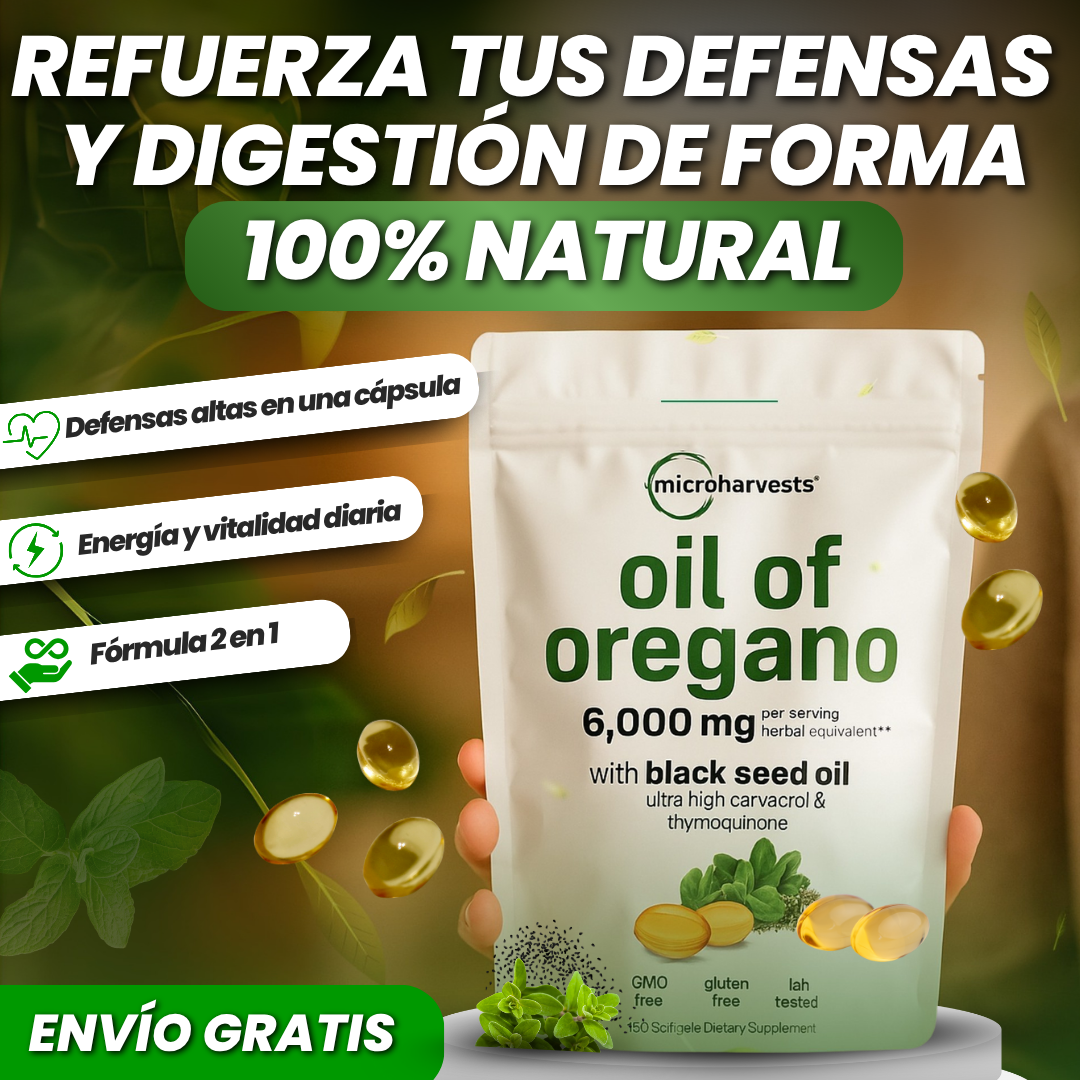 ACEITE DE ORÉGANO FÓRMULA 2 EN 1 - ENERGÍA, INMUNIDAD Y DIGESTIÓN EN UNA CÁPSULA!