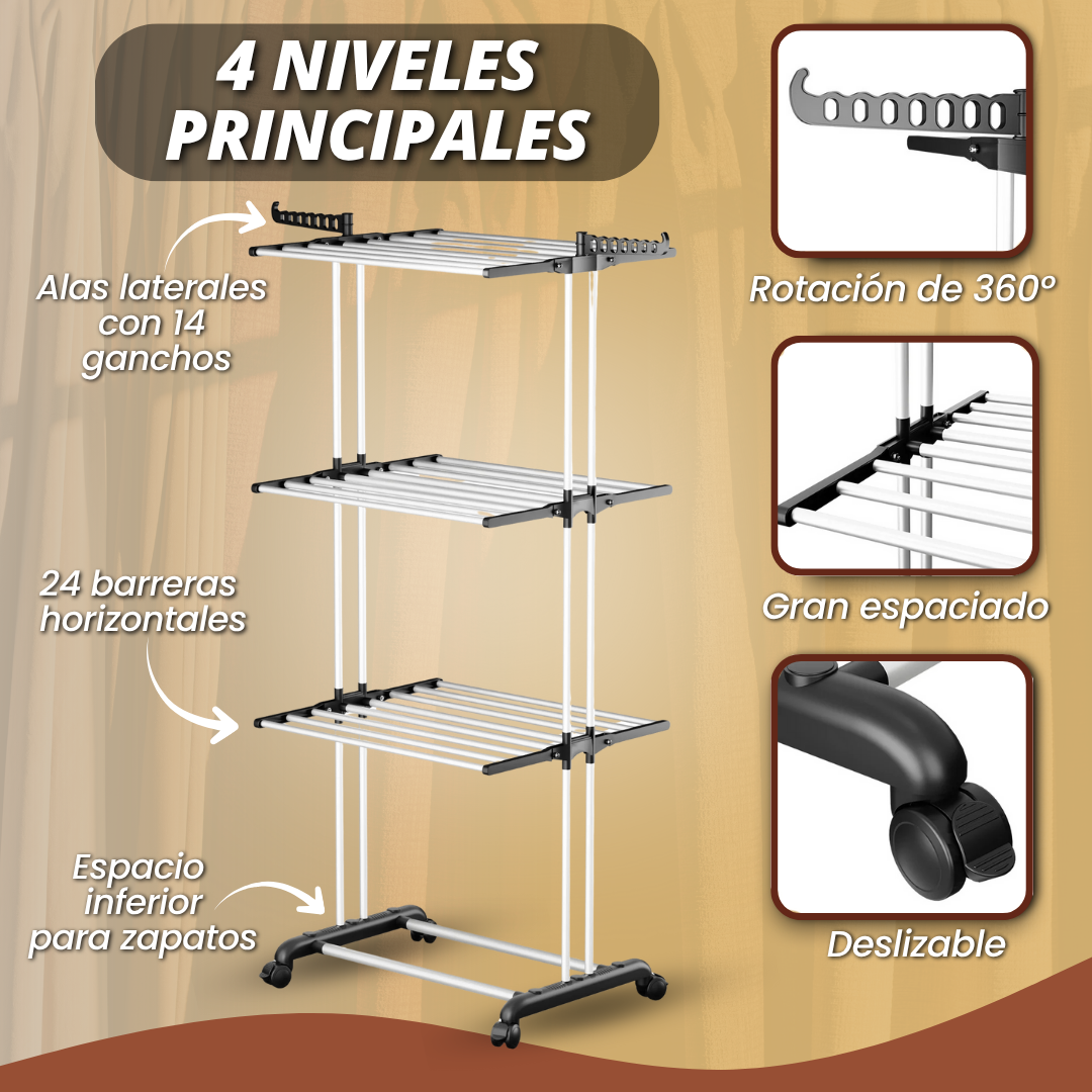 TENDEDERO DE ROPA 4 NIVELES - ¡TU ROPA SECA, SIN CAOS EN CASA!